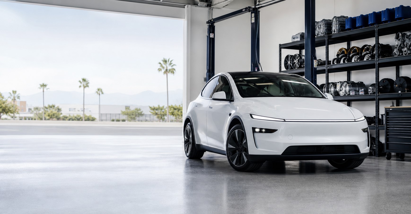 Modern electric vehicle in a clean California automotive service bay